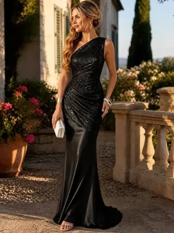 Robe de soirée asymétrique en satin à sequins robe sirène maxi taille froncée longueur au sol robe de bal formelle