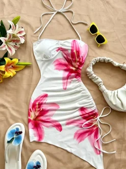 Robe de soirée blanche à imprimé floral sans manches bretelles dos nu robe d'été