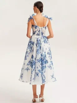 Robe De Soirée Bleu Ciel Clair Bretelles N艙uds Col En C艙ur Robe Semi-Formelle Mi-Longue