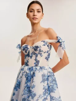 Robe De Soirée Bleu Ciel Clair Bretelles N艙uds Col En C艙ur Robe Semi-Formelle Mi-Longue