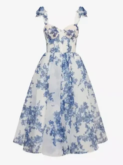 Robe De Soirée Bleu Ciel Clair Bretelles N艙uds Col En C艙ur Robe Semi-Formelle Mi-Longue