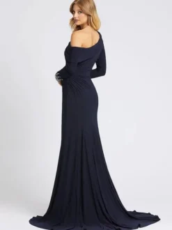 Robe de soirée bleu marine profonde une épaule avec train manches longues Criss-Cross Lycra Spandex gaine robes de soirée sociale