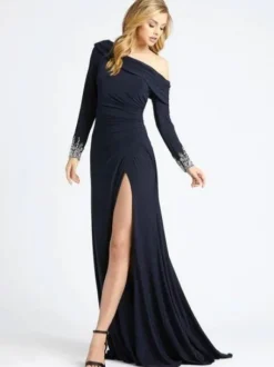 Robe de soirée bleu marine profonde une épaule avec train manches longues Criss-Cross Lycra Spandex gaine robes de soirée sociale