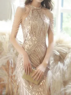 Robe de soirée Champagne sirène longueur au sol bijou cou sans manches chaînes à glissière paillettes longues robes de soirée formelles