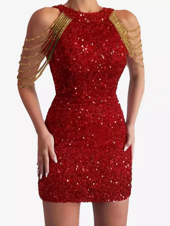 Robe de soirée à col rond style décontracté sans manches en polyester bordeaux sexy