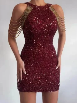 Robe de soirée à col rond style décontracté sans manches en polyester bordeaux sexy