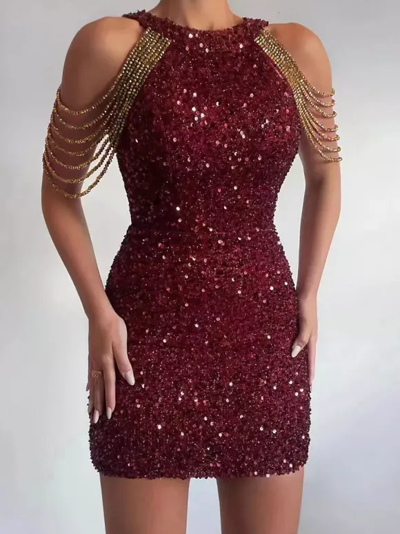 Robe de soirée à col rond style décontracté sans manches en polyester bordeaux sexy