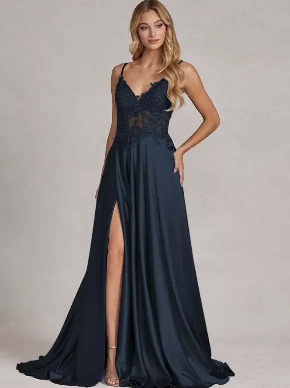 Robe de soirée col v à bretelle jupe fendu robe de bal