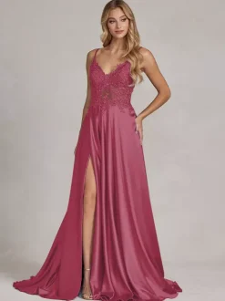 Robe de soirée col v à bretelle jupe fendu robe de bal