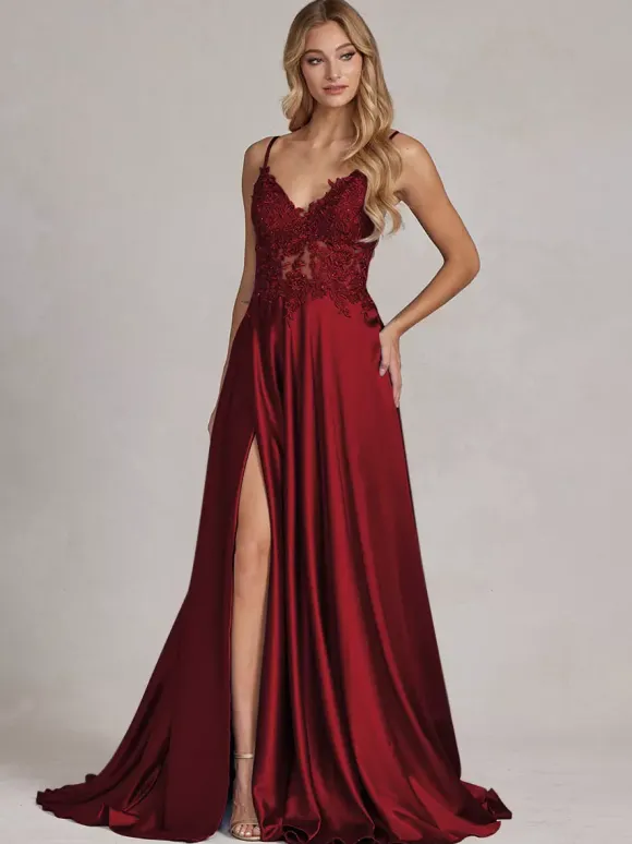 Robe de soirée col v à bretelle jupe fendu robe de bal