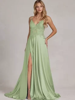 Robe de soirée col v à bretelle jupe fendu robe de bal