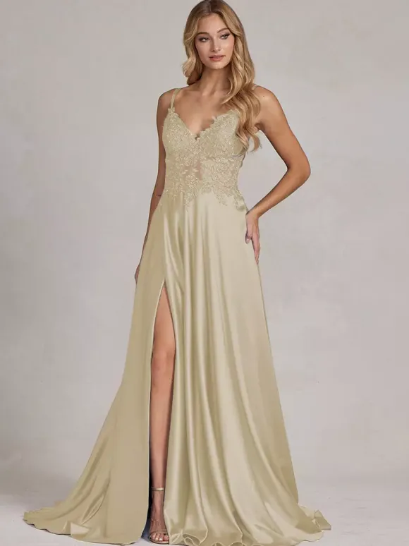 Robe de soirée col v à bretelle jupe fendu robe de bal
