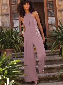 Robe de soirée combinaison décolleté conçu longueur cheville sans manches fermeture éclair plissée crêpe extensible robes de soirée formelles