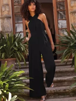 Robe de soirée combinaison décolleté conçu longueur cheville sans manches fermeture éclair plissée crêpe extensible robes de soirée formelles