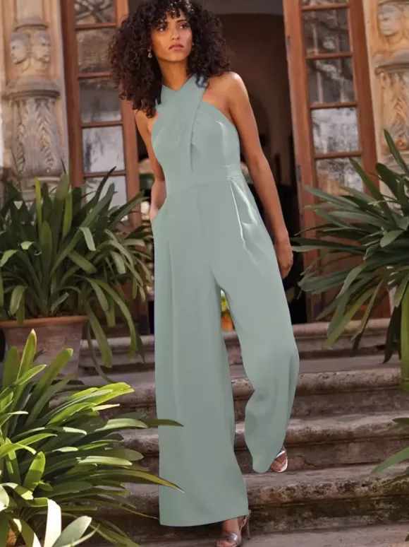 Robe de soirée combinaison décolleté conçu longueur cheville sans manches fermeture éclair plissée crêpe extensible robes de soirée formelles