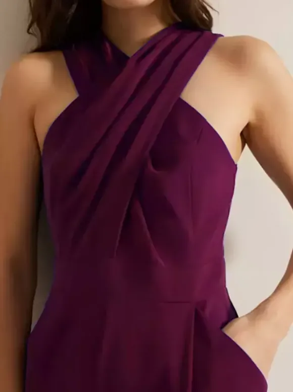 Robe de soirée combinaison décolleté conçu longueur cheville sans manches fermeture éclair plissée crêpe extensible robes de soirée formelles