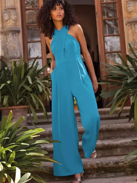 Robe de soirée combinaison décolleté conçu longueur cheville sans manches fermeture éclair plissée crêpe extensible robes de soirée formelles