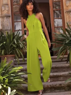 Robe de soirée combinaison décolleté conçu longueur cheville sans manches fermeture éclair plissée crêpe extensible robes de soirée formelles