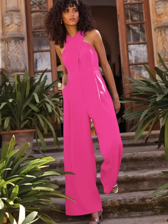 Robe de soirée combinaison décolleté conçu longueur cheville sans manches fermeture éclair plissée crêpe extensible robes de soirée formelles