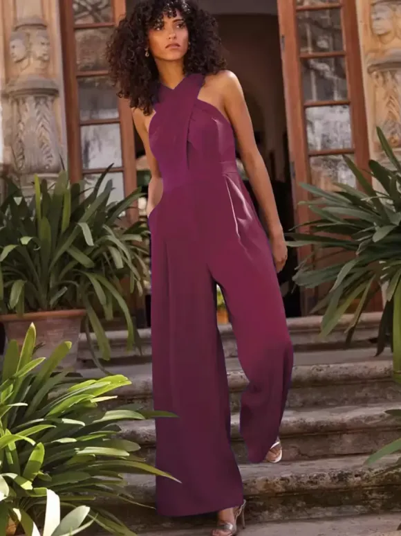Robe de soirée combinaison décolleté conçu longueur cheville sans manches fermeture éclair plissée crêpe extensible robes de soirée formelles