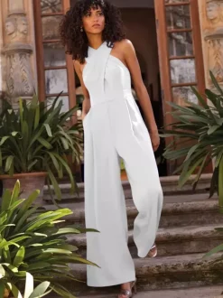 Robe de soirée combinaison décolleté conçu longueur cheville sans manches fermeture éclair plissée crêpe extensible robes de soirée formelles