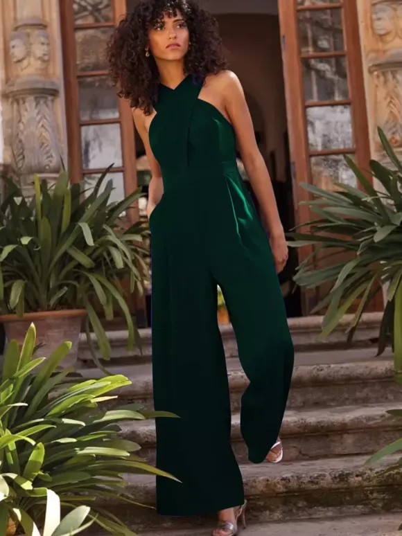 Robe de soirée combinaison décolleté conçu longueur cheville sans manches fermeture éclair plissée crêpe extensible robes de soirée formelles