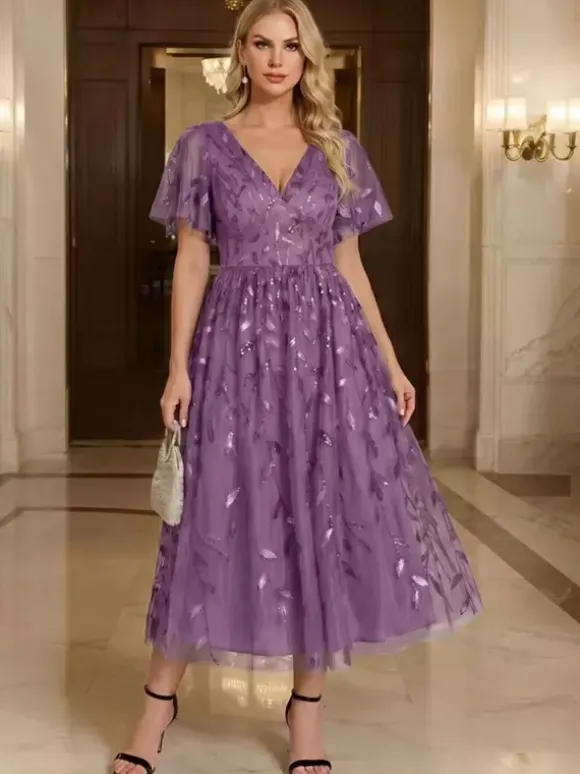 Robe de soirée courte à col en V longueur thé manches courtes fermeture éclair sequins robe de concours de beauté à sequins
