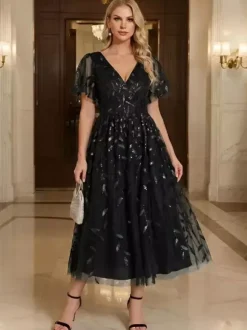 Robe de soirée courte à col en V longueur thé manches courtes fermeture éclair sequins robe de concours de beauté à sequins