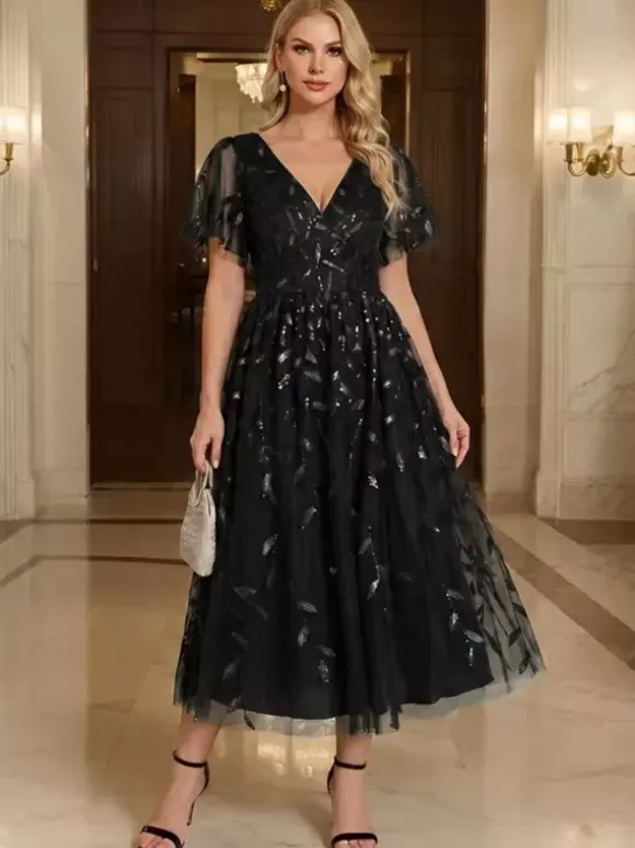 Robe de soirée courte à col en V longueur thé manches courtes fermeture éclair sequins robe de concours de beauté à sequins