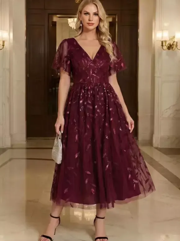 Robe de soirée courte à col en V longueur thé manches courtes fermeture éclair sequins robe de concours de beauté à sequins