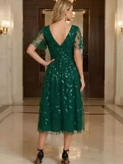 Robe de soirée courte à col en V longueur thé manches courtes fermeture éclair sequins robe de concours de beauté à sequins