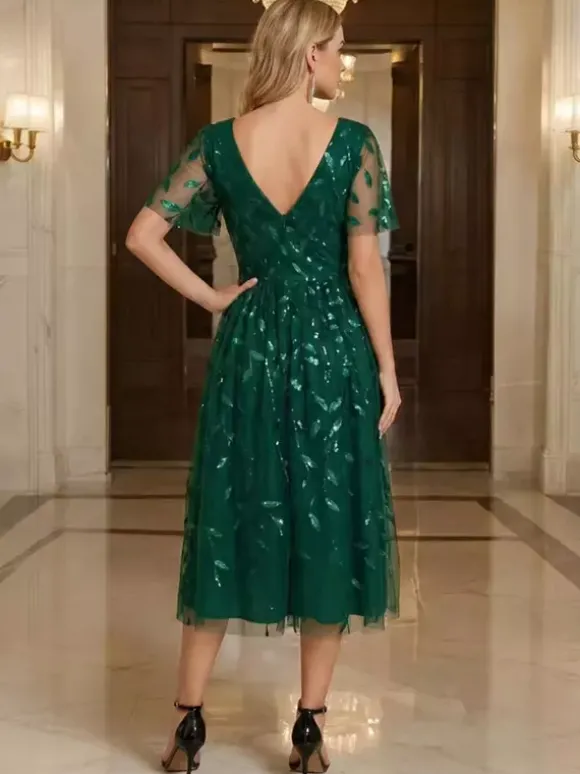 Robe de soirée courte à col en V longueur thé manches courtes fermeture éclair sequins robe de concours de beauté à sequins