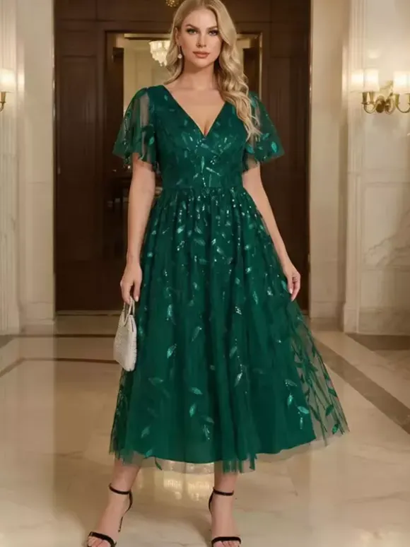 Robe de soirée courte à col en V longueur thé manches courtes fermeture éclair sequins robe de concours de beauté à sequins