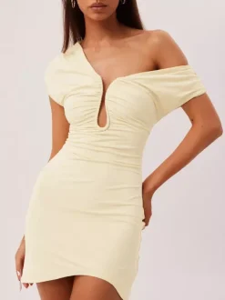 Robe de soirée courte marron asymétrique plissée dos nu sexy et semi-formelle