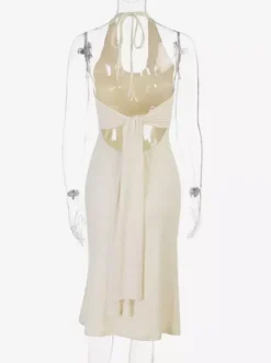 Robe de soirée Daily Dresses crème dos nu plongeant col en U ourlet fluide coupe midi bretelles fines et décolleté en U.
