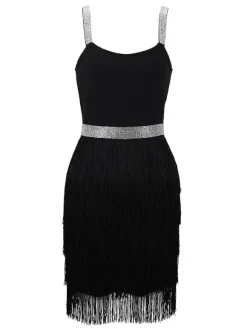 Robe de soirée d'anniversaire col en V sans manches mini robes de cocktail avec franges