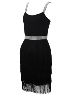 Robe de soirée d'anniversaire col en V sans manches mini robes de cocktail avec franges
