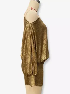 Robe de soirée dorée à encolure crantée manches longues asymétrique et sexy
