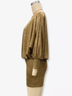 Robe de soirée dorée à encolure crantée manches longues asymétrique et sexy