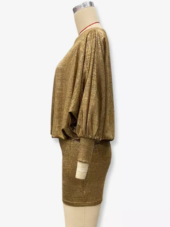 Robe de soirée dorée à encolure crantée manches longues asymétrique et sexy