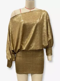 Robe de soirée dorée à encolure crantée manches longues asymétrique et sexy