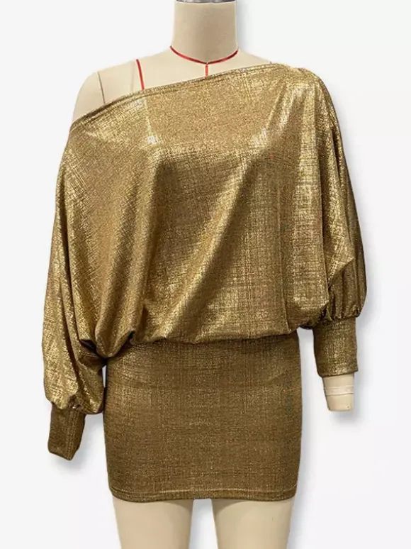 Robe de soirée dorée à encolure crantée manches longues asymétrique et sexy