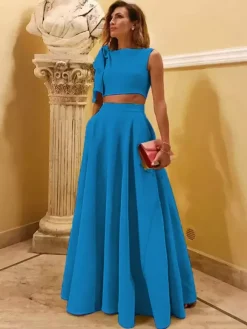 Robe de soirée en crêpe extensible décolleté en V longueur au sol sans manches fermeture éclair n艙uds robe de soirée formelle