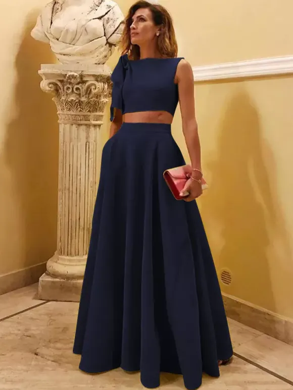 Robe de soirée en crêpe extensible décolleté en V longueur au sol sans manches fermeture éclair n艙uds robe de soirée formelle