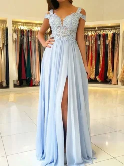 Robe de soirée en mousseline de soie col en V jupe fendue Longueur au sol Robe de bal
