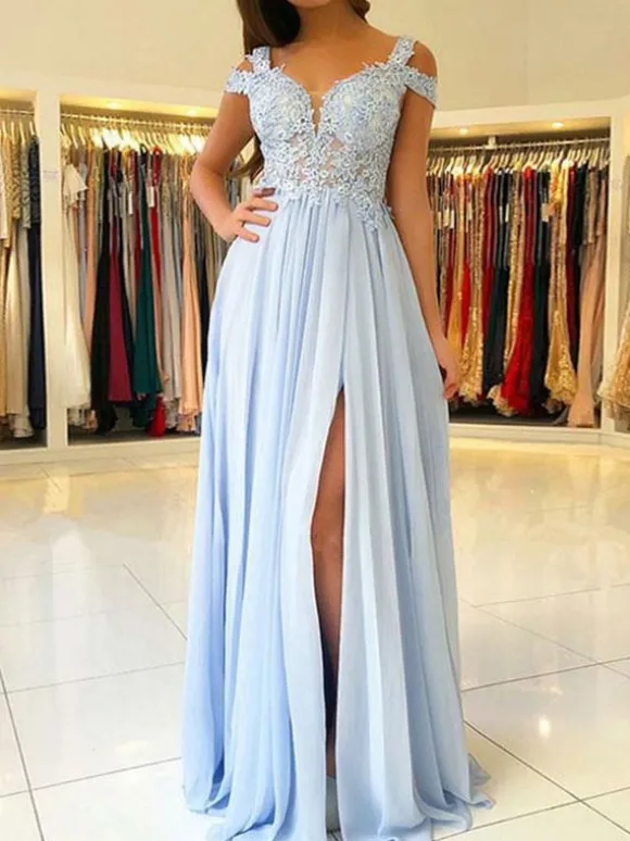 Robe de soirée en mousseline de soie col en V jupe fendue Longueur au sol Robe de bal