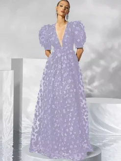 Robe de soirée en organza à col en V et longueur au sol avec appliques