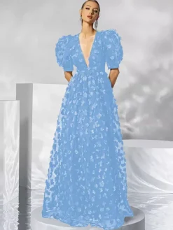 Robe de soirée en organza à col en V et longueur au sol avec appliques