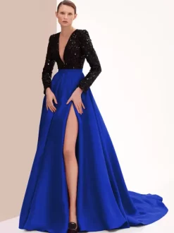 Robe de soirée en satin col en V manches longues fermeture éclair fendue sur le devant robe de soirée formelle
