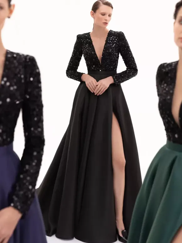Robe de soirée en satin col en V manches longues fermeture éclair fendue sur le devant robe de soirée formelle